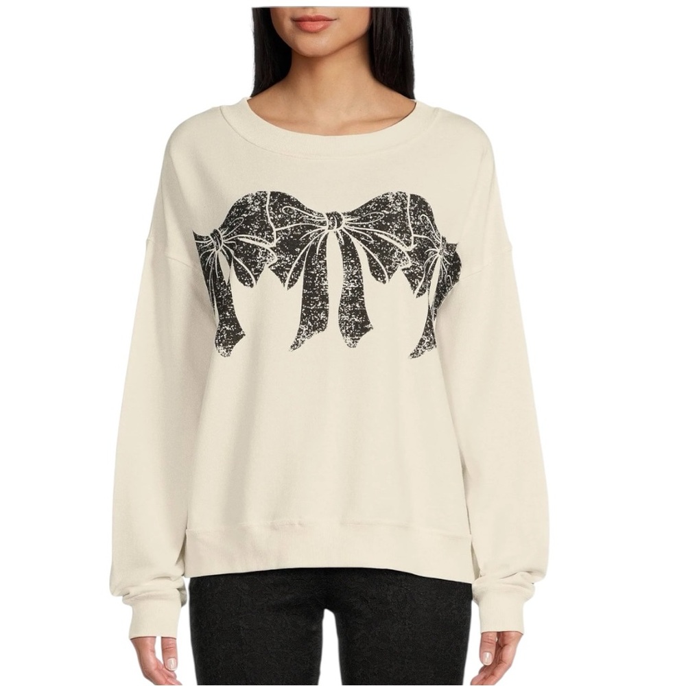 Chelsea & Violet Bow Graphic Sweatshirt Womens Medium Cream Black Relaxed Fit